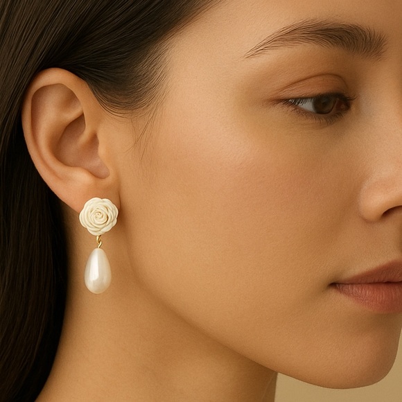 Elegant White Rose Pearl Earrings-New! - Picture 1 of 5